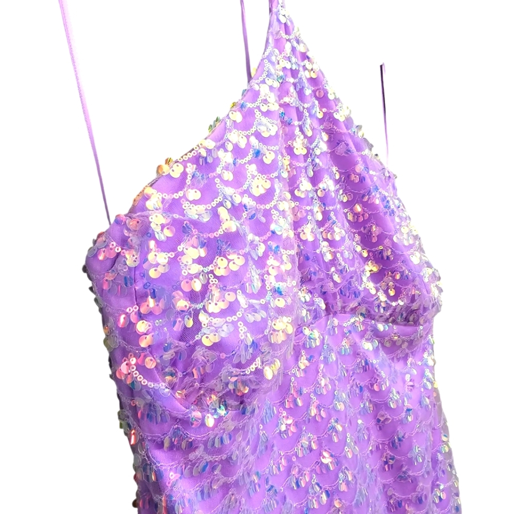 Nwt Fashion Nova Lavender Iradecent Sequin Vitamin Sea Halter Fringed Mini Dress - Picture 7 of 17